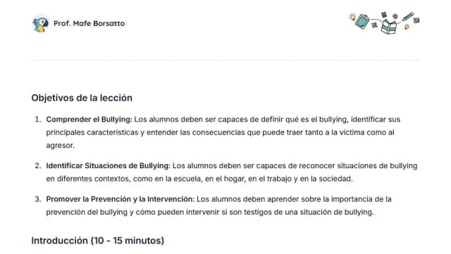 Plan de clase - Bullying: Comprensión, Prevención e Intervención