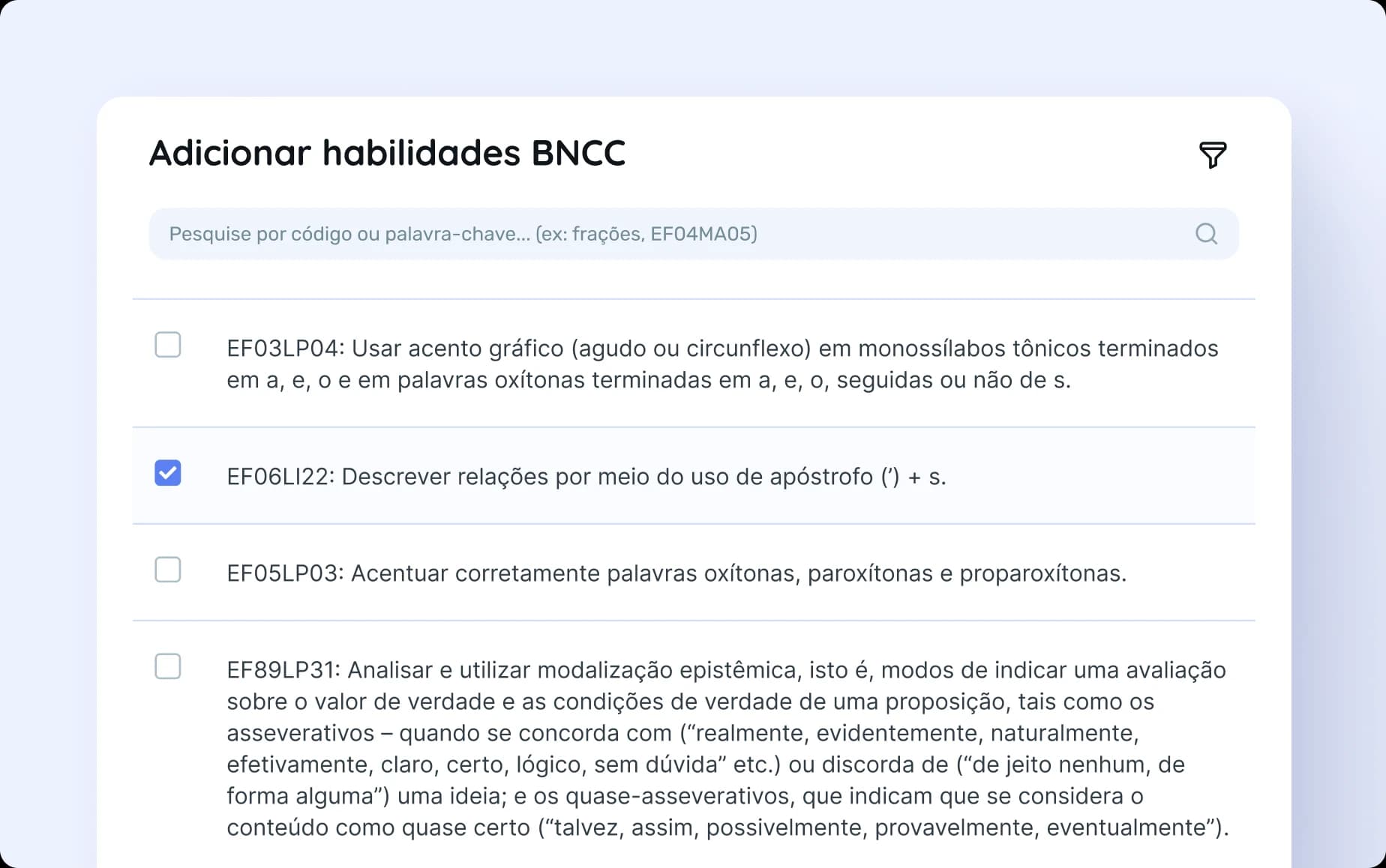 Painel com habilidades BNCC selecionáveis para cada material